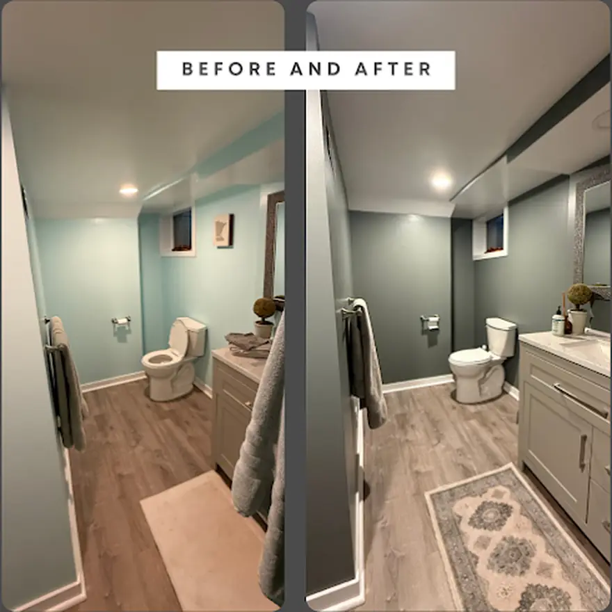 A basement bathroom by D1 Construction, before and after: new vanity, fixtures and finish