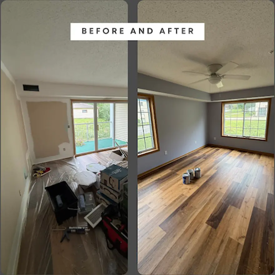 A living room repainted by D1 Construction, before and after: tired beige walls taken to a clean grey, trim cut in by hand