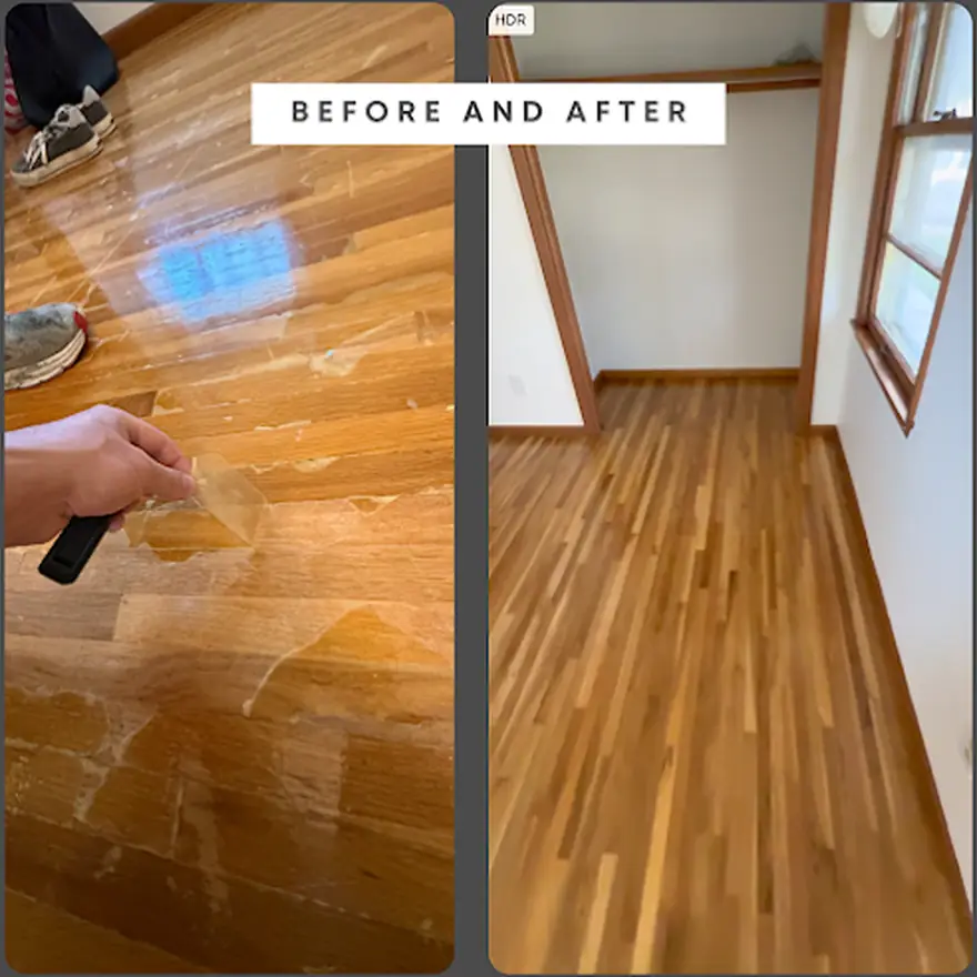 A hardwood floor by D1 Construction, before and after: stripped of its failed finish, sanded back and resealed