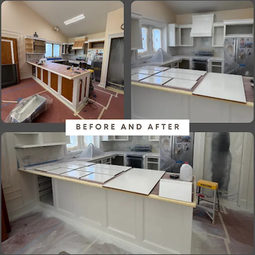 A kitchen refit by D1 Construction, before and after: new cabinetry, countertops and a full repaint