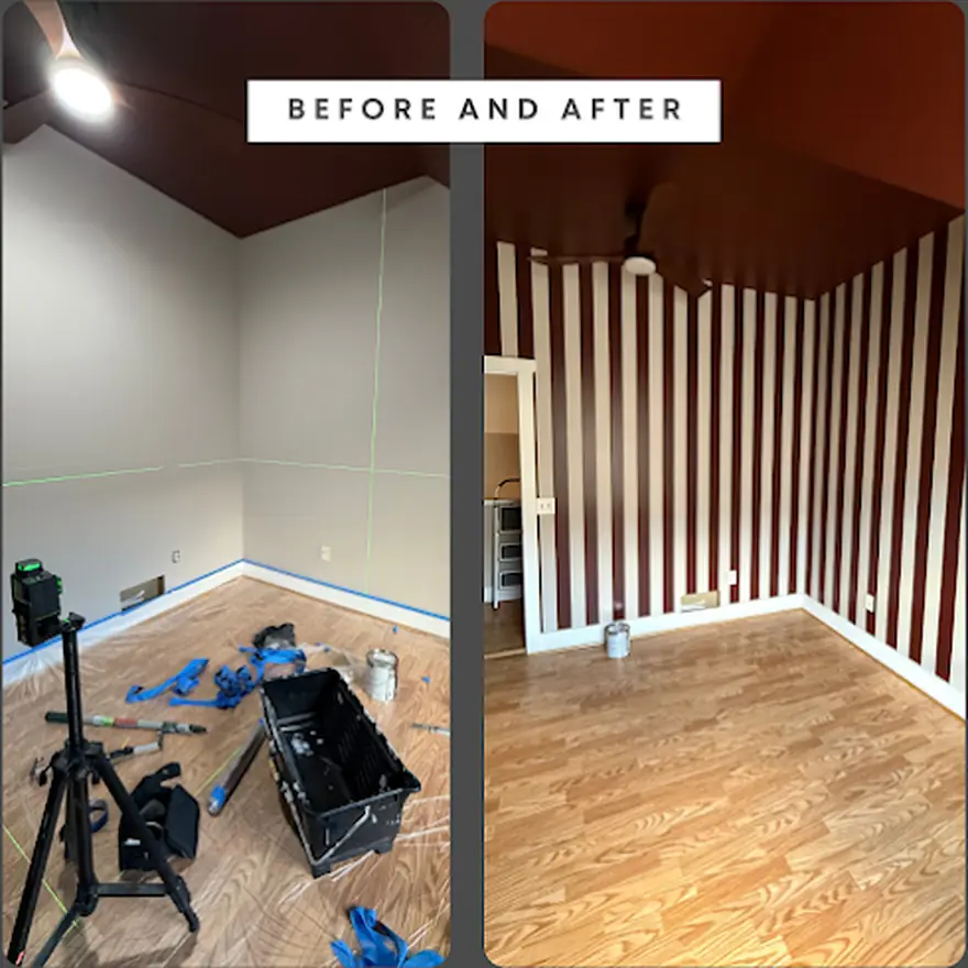 A feature wall painted by D1 Construction, before and after: laser-set lines and a crisp striped finish