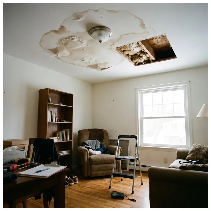 A living room ceiling stained and blistered by a water leak, with a section already cut away to expose the wet joist above